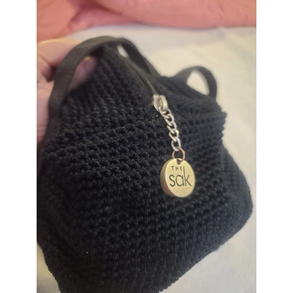 The Sak Black Crochet Satchel Handbag Woven 90's Bag vintage barrel bag New